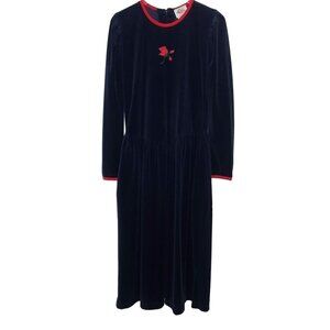 Vintage Lanz Embroidered Floral Maxi Dress Long Sleeve Blue Modest Womens Sz XL